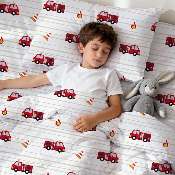 LONAVA Toddler Kids Comforter Set - 4 Pieces Toddler Bedding Sets for Boys Girls Children, Ultra Soft Microfiber Bed in A Bag with Flat Fitted Sheets, Fire Truck