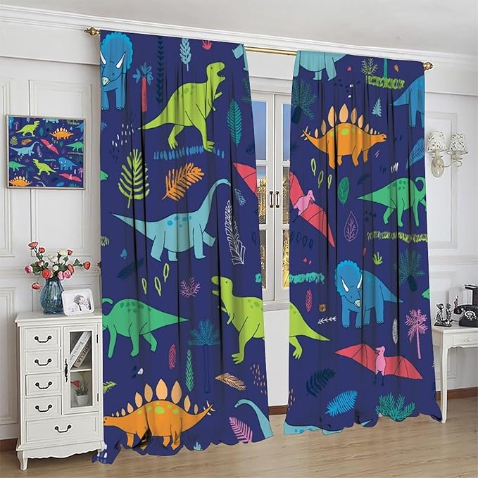 Dinosaurs Blackout Curtains Cute Cartoon Animals Dino Tropical Plant Colorful Art Print for Kids Boys Bedroom Living Room Rod Pocket Decoration Window Drapes 2 Panels W42xL84in