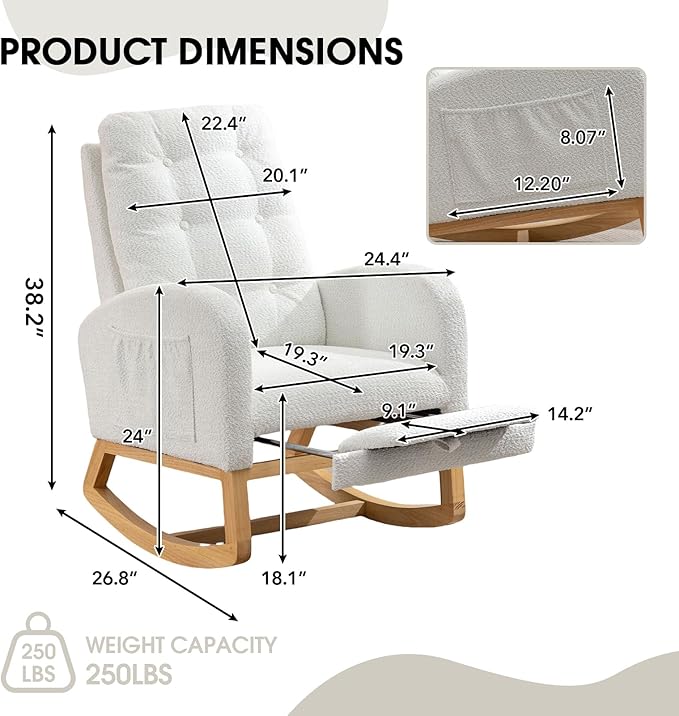 NIOIIKIT Nursery Rocking Chair, Linen Upholstered Glider Chair with Footrest, Tufted Rocker Recliner with Side Pocket, Comfy Recliner Glider, Accent Chair for Living Room (White Polar Fleece)