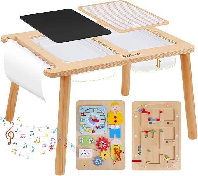 Sensory Table for Toddlers 1-3 with 2 Large Storage Bins, 4 Montessori Activity Boards and Paper Roll, Educational & Multi-Functional Gift for Kids Draw and Play