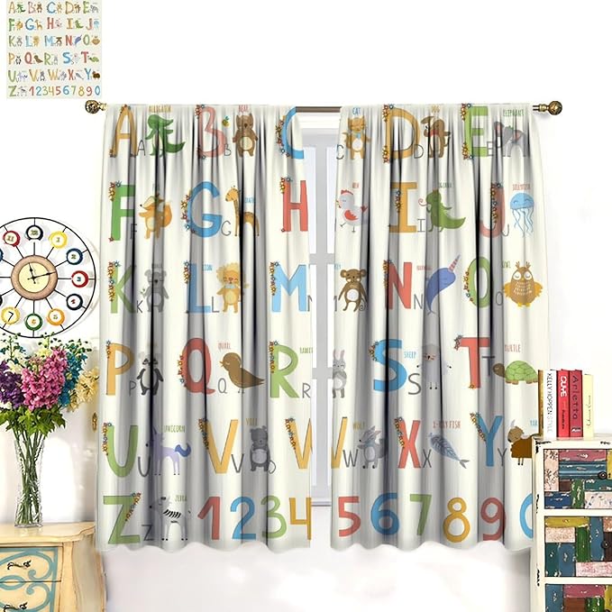 Kids Alphabet Curtains Funny Letter Education Cute Cartoon Animal Printed Curtain with Rod Pocket for Bedroom Living Room Home Decor Drapes Window Treatments 2 Panels Set 55" W X 63" L