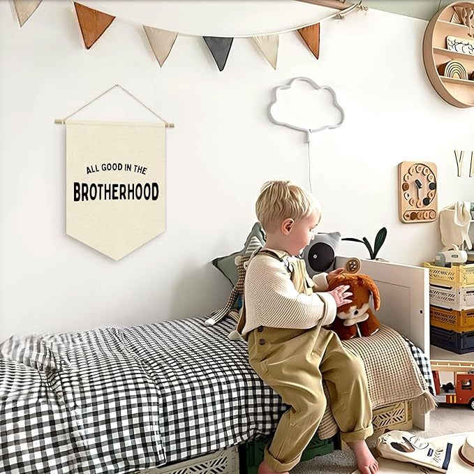 Boy Nursery Decor, Playroom Wall Decor, Brotherhood Wall Hanging Pennant Flag Banner Decor for Nursery Classroom Playroom Kids Room, Playroom Essentials