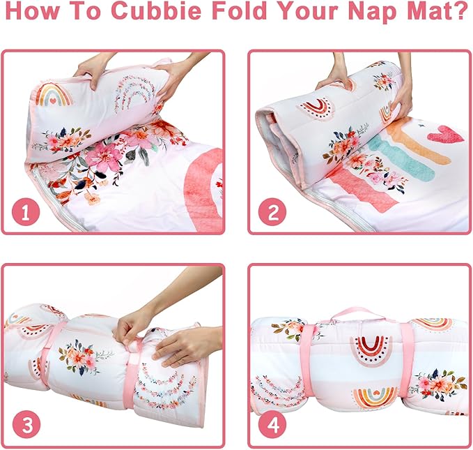 Toddler Nap Mat with Removable Pillow and Soft Dot Minky Blanket Pea Pod Kids Rainbow Floral Napping Mats Extra Large Rolled Slumber Bags for Girls Preschool, Daycare, 22.9 x 51.2inches Ages 3-7 Years