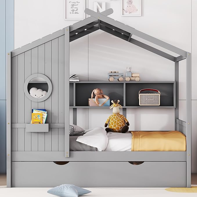 Merax Wood Full House Daybed with Trundle & Storage Shelves,Day Bed for Kids Boys Girls No Box Spring Needed Gray