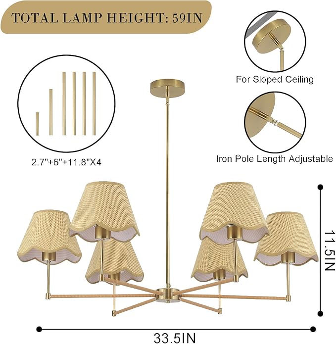 33.5in Farmhouse Rattan Chandelier Gold Large Pendant Light Fixture with Wicker Lampshade Boho Chandeliers for Living Room Dining Room Bedroom Entryway Kitchen Island