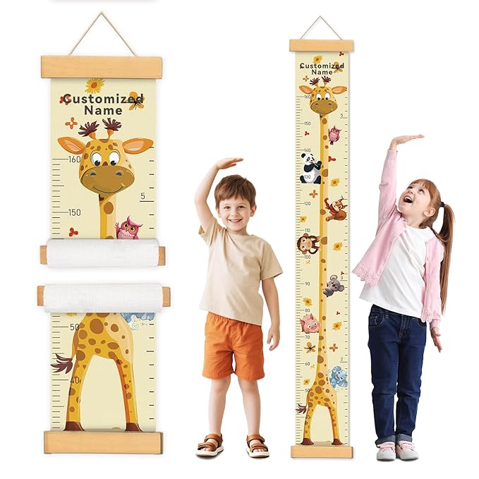Customize Name Growth Chart Wall, Funny Giraffe Premium Canvas Removable Height Chart for Kids (Giraffes)