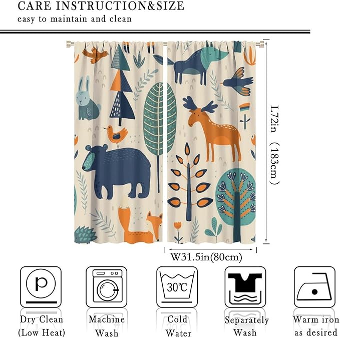 Kids Forest Animal Curtains, Rustic Cartoon Cute Wild Animal Window Treatments Woodland Safari Animal Fox Deer Bear Window Drapes for Girls Boys Nursery Toddler Bedroom 63x72in