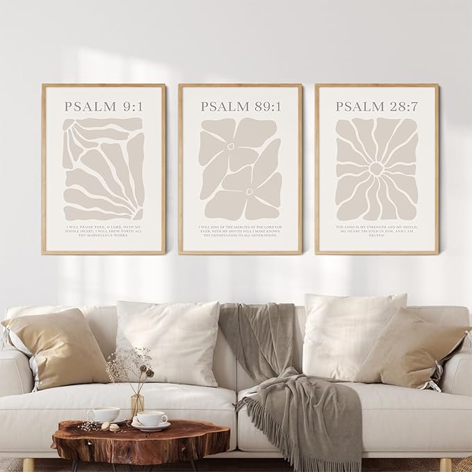Joocrise Scripture Christian Wall Art Set of 3 Beige Bible Verses Wall Decor Neutral Psalm Canvas Wall Art Modern Pictures Flower Prints Christian Artwork for Living Room Bedroom 12x16 Inch Unframed