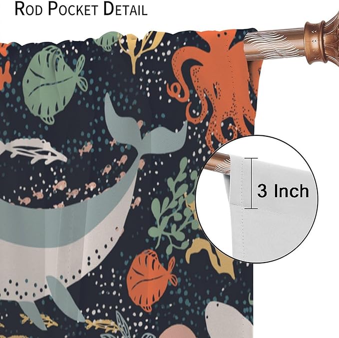 Sea Animals Curtain Cartoon Fish，Undersea Cute Whales Dolphin Underwater Wild Life Blue Ocean Boys Girls Waterproof Polyester Fabric Bedroom Decoration Set 2 Panels,52x84 Inches