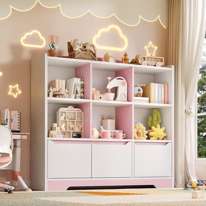 Kids Bookshelf and Toy Organizer, 2 Tier Kids Book Shelf for Kid Rooms with 2 Doors, 6 Cubes Storage Organizer,Wood Children Bookcase,Freestanding Toddler Book Display Shelf for Playroom WhitePink
