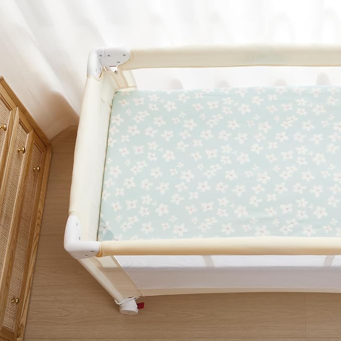 TILLYOU Mini Crib Fitted Sheets - Soft Knit Sheet for Pack N Play, Microfiber Mini Crib Sheets, Playpen Bedding Sheet for Baby 2 Pack, Machine Washable, 38'' x 24'', Fresh Flowers and Light Green