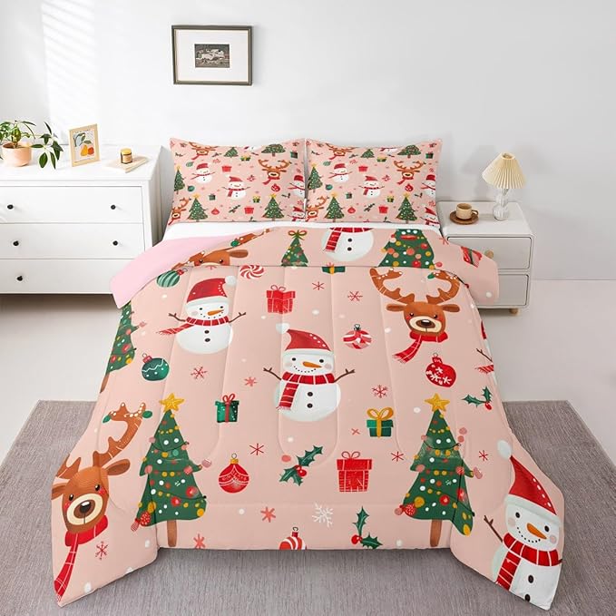 Feelyou Christmas Comforter Set King Size Snowman Bedding Set for Kids Boys Girls Deer Xmas Tree Duvet Quilt New Year Gift Bedroom Decor Snowflake Microfiber 3 Pcs with 2 Pillow Cases