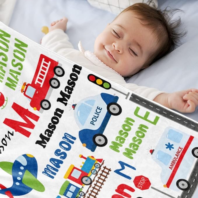 Custom Blanket with Name for Boys, Personalized Name Blanket City Transport, Soft Flannel Blankets Customized Gift for Children Day Birthday Christmas-40 x50