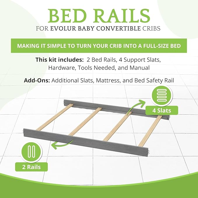 Full-Size Conversion Kit Bed Rails for Evolur Cribs - Solid Wood Crib Convertible Kit to Kids Bed - Transitional Style Rails & Easy-to-Install Child Essentials for Safety (Storm or Steel Grey)