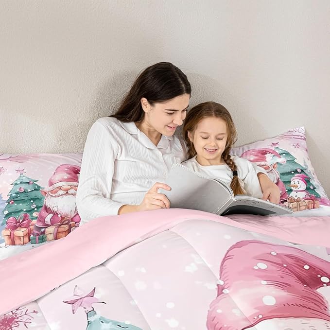 Feelyou Pink Christmas Comforter Set All Season Santa Claus Bedding Set with 1 Pillow Cases Cute Snowflake Kids Toddler Bedclothes Merry Christmas Tree and Snowman Decor Duvet Quilt Soft