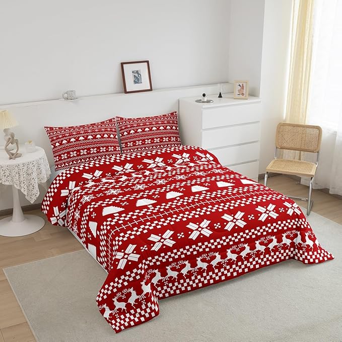 Feelyou Red Christmas Bedding Set for Kids Boys Girls Twin Size Xmas Deer Decor Comforter Set Ultra Soft Xmas Snowflake Comforter Winter Duvet Quilt Bedroom Decor Christmas Decor Quilt