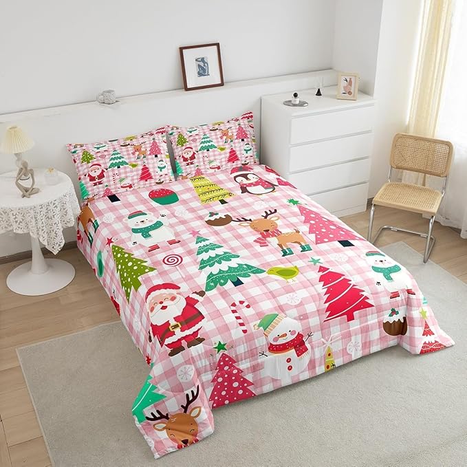 Cartoon Christmas Kids Comforter Set Toddler Size,Kawaii Xmas Cute Deer Bear Animals Bedding Set for Girls,Colorful Santa Claus Snowman Pine Trees Pink Checkered Quilted Set with 1 Pillowcase