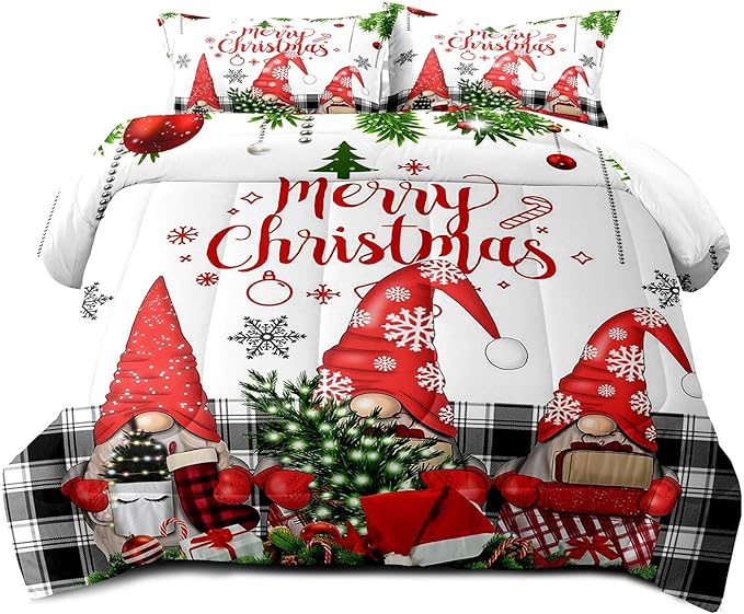 LUVIVIHOME 3PCS Christmas Comforter Set Full Size, Funny Cute Gnome Bedding, Black & White Plaid Snowflake Xmas Merry Christmas Bedroom Decor for Kids Girls Boys Teens White Quilt, 2 Pillow Cases