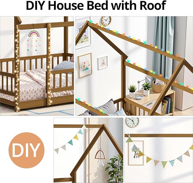 LLS Full Size Montessori Floor Bed Frame with Slats and Fence, Wooden House Bed for Boys Girls Bedroom, Light Espresso