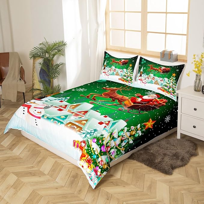 Manfei Christmas Duvet Cover Set Queen Size, Snowman Xmas Tree Comforter Cover with 2 Pillowcases, Santa Claus with Deer Bedding Set for Kids Boys Girls New Year Theme Bedspread Cover, No Comforter