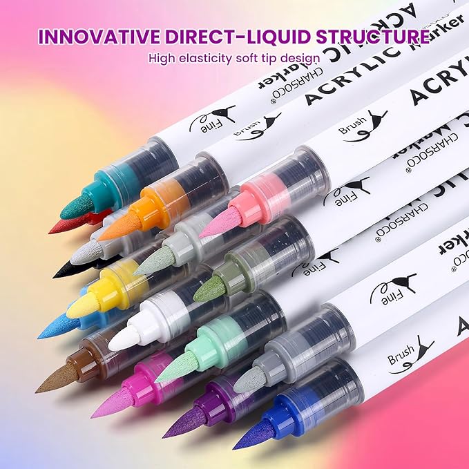 Acrylic Paint Markers, 12 Colors Dual Tip Acrylic Paint Pens, Water-Based No-Bleed Markers with Automatic Ink Control System, Bullet & Brush Tip, Works on Paper, Wood, Ceramic, Rock,813-12pcs