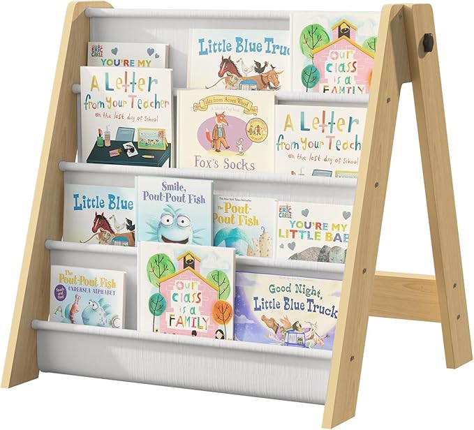 NACHES Montessori Kids Bookshelf Fabric Sling Pockets – Front Facing Toddler Book Display and Toy Storage Organizer for Nursery Playroom or Bedroom 23" Wide (Burlywood, Small)