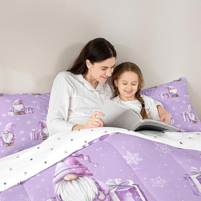 Feelyou Purple Christmas Kids Comforter Set Queen Size Scandinavian Christmas Santa Gnomes Bedding Set Xmas Snowflake Duvet Quilt for Kids Boys Girls Bedroom Decor Ultra Soft Breathable