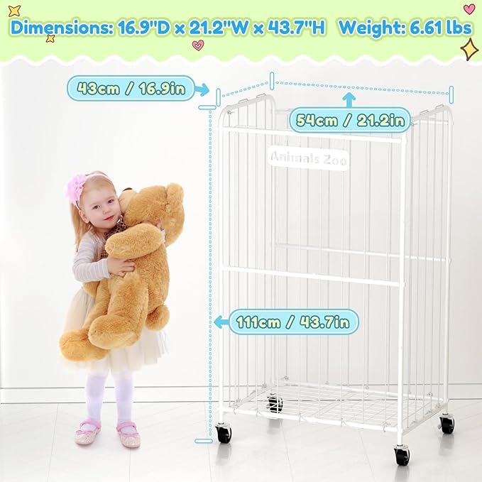 210L Stuffed Animal Storage Organizer Plush Toy Storage Organizer Stuffed Animal Holder, Kids Toy Bins with Wheels, Metal Frame and Elastic Cord Design, Suitable for Storage of Big Toys