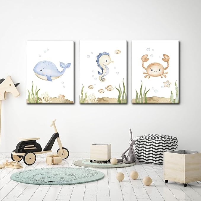 Wodkwq Ocean Nursery Decor, Set of 3 Framed Canvas Art Prints, 16x24in, Under The Sea, Boys Room, Bathroom, Bedroom