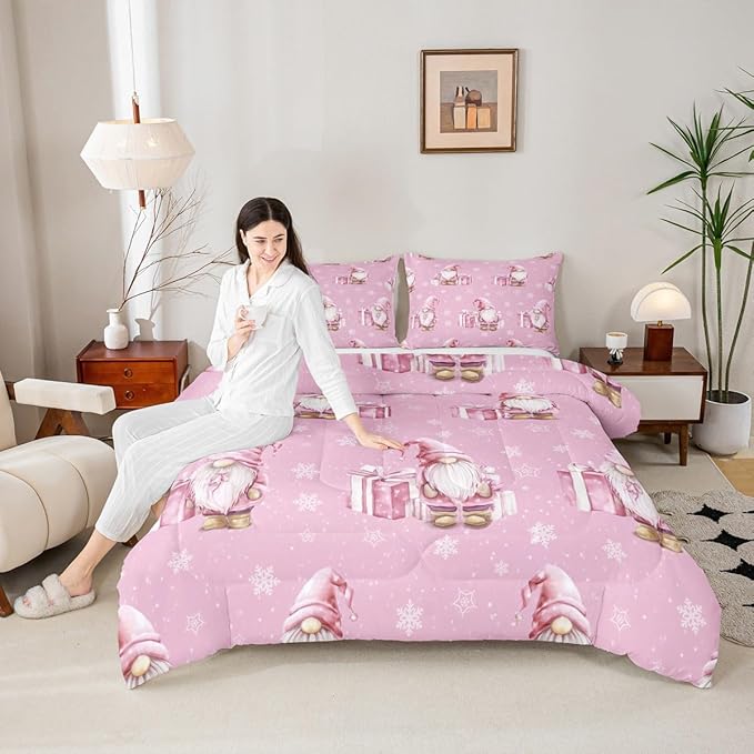 Feelyou Pink Christmas Bedding Set Soft for Boys Girls, Scandinavian Christmas Santa Gnomes Comforter Set Queen Size Xmas Snowflake Duvet Quilt Bedroom Decor 3 Pcs with 2 Pillow Cases