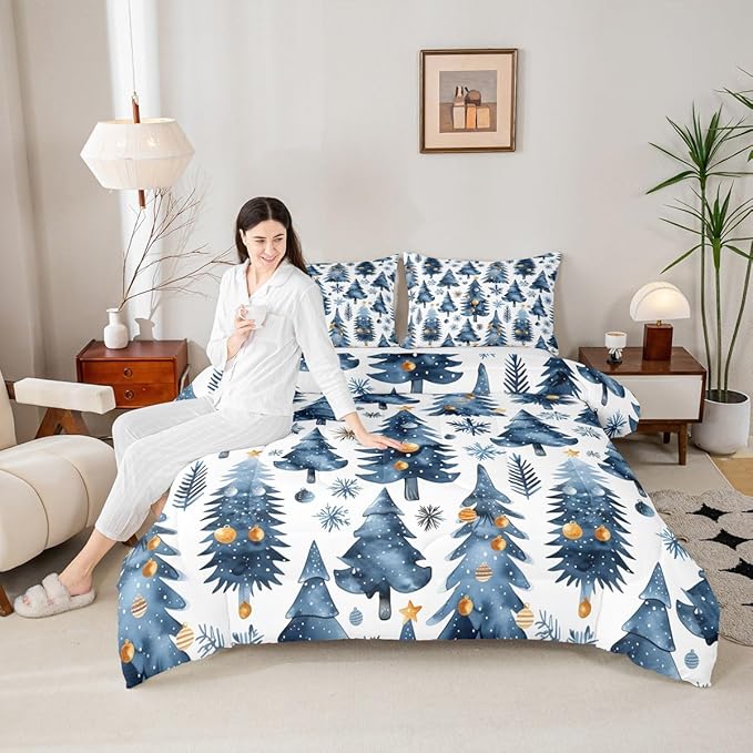Feelyou Christmas Kids Comforter Set Toddler Size Xmas Tree Bedding Set Snowflake Duvet Quilt for Kids Boys Girls Bedroom Watercolor Blue Decor Microfiber Ultra Soft Breathable