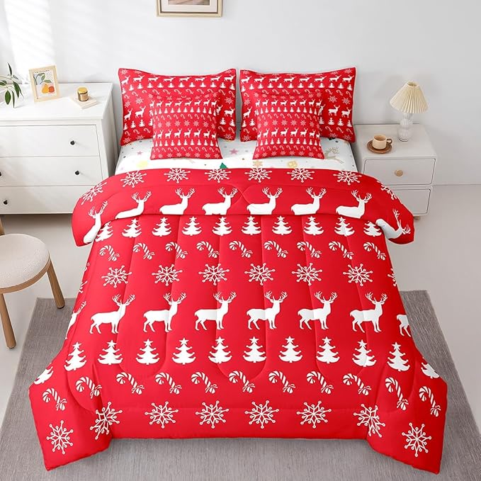 Erosebridal Christmas Twin Bedding Set 7 Piece,Xmas Elk Deer Bed in A Bag,Winter Snowflake Comforter Set Candy Pine Tree Sheet Set with Comforter,Red Christmas Decoration
