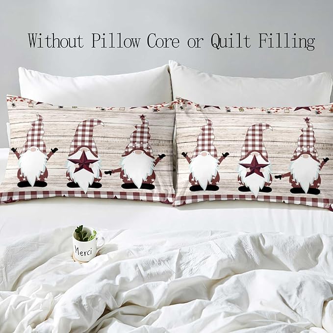 LUVIVIHOME 3PCS Christmas Gnome Duvet Cover Queen Bedding Sets, Primitive Country Rustic Farmhouse Bedding, Holly Berry Star Red Buffalo Plaid Checkered Comforter Bedspread Quilt Cover, 2 Pillow Shams