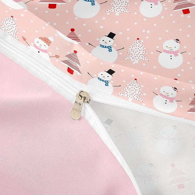 Christmas Duvet Cover Cartoon Snowman Christmas Tree Bedding Set Snowflake Comforter Cover for Boys Girls Children Teens Bedroom Decor Pink Xmas Theme Bedspread Cover King Size With 2 Pillow Case