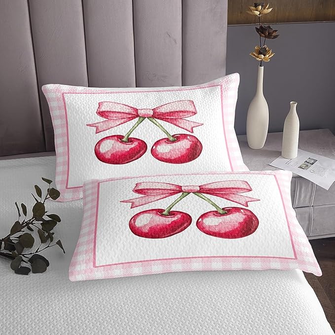 Cherry Bowknot Kids Bedspread Twin Size,Geometric Plaids Grids Patchwork Fashion Coverlet Set,Girls Women Room Decor,Bow Tie Princess Dreamy Quilted Coverlet,Pink Cute Bedding Quilt,1 Pillowcase