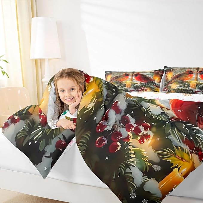 Feelyou Merry Christmas Kids Comforter Set Toddler Size Cardinal Bedding Set Winter Bird Duvet Quilt for Kids Boys Girls Bedroom Red Berries Decor Microfiber Ultra Soft Breathable