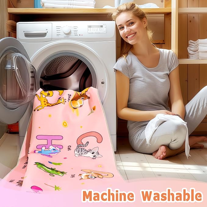 Kids Rugs for Playroom, 5x7 Feet Educational Rug for Learn The ABC Alphabet, Soft Machine Washable Non-Slip Cute Cartoon Animals Carpet for Classroom Toddler Nursery Kids Room Decor, Pink