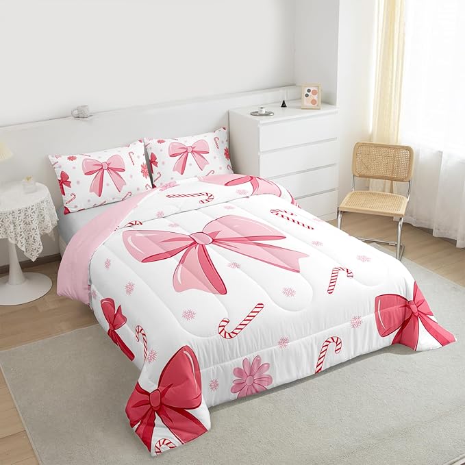 Feelyou Pink Bowknot Comforter Set All Season Christmas Candy Cane Snowflake Bedding Set with 2 Pillow Cases Cute Bow Microfiber Kids Queen Bedclothes Dreamy Princess Style Bedroom Decor Duvet Quilt