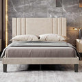 Tyndall Queen Size Bed Frame, Velvet Upholstered Platform with Headboard, Beige