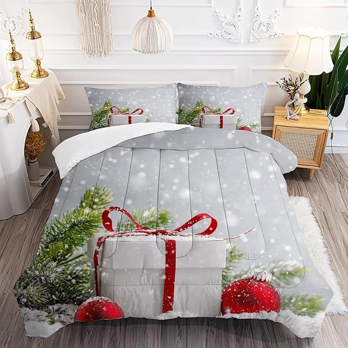 kxry Christmas Comforter Set Snow Scene Evergreen Bough Bedding King Size for Girls Boys Kids Gift Box Red Balls Quilt Duvet 1 Comforter + 2 Pillow Cases