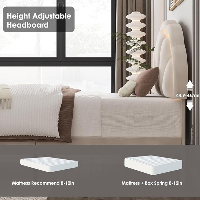 HIFIT Twin Upholstered Smart LED Bed Frame with Adjustable Chic Petal Headboard, Princess Twin Size Platform Bed Frames for Kids/Girls, Wooden Slats Support, No Box Spring Needed, Easy Assembly, Beige