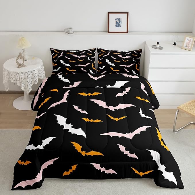 Erosebridal Bat Bedding Set Happy Halloween Comforter Set Toddler Size for Kids Boys Bedroom Pink and Orange Bat Quilt Gothic Spooky Style Duvet Insert with 1 Pillow Case