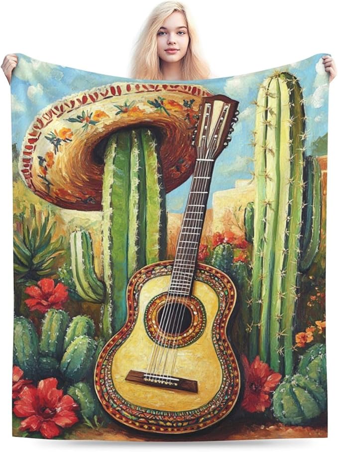 Mexican Blanket Cactus Guitar Decor Throw Blanket Super Soft Flannel Lightweight Fluffy Plush Cozy Fuzzy Fleece Cowboy Western Gifts Blanket for Kids Boys Adults Man for Bed Sofa 40"X50"