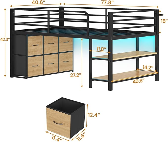 BTHFST Low Loft Bed Twin Size with 6 Storage Drawers, LED Lights, 2 Tier Storage Shelves, Kids Metal Loft Bed with 15" H Stairs & Safety Guardrail, Spave Saving, Black & Natural