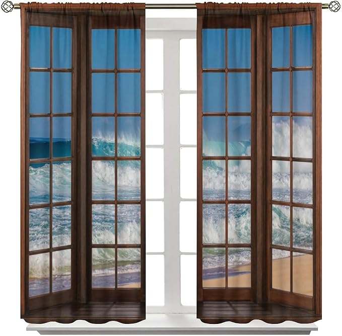Ocean Beach Curtains,Waves Crashed Beach Hawaiian Seaside Scene Pattern Blackout Print Home Bedroom Living Room Window Treatments 2 Panel Set 84x84 Inch