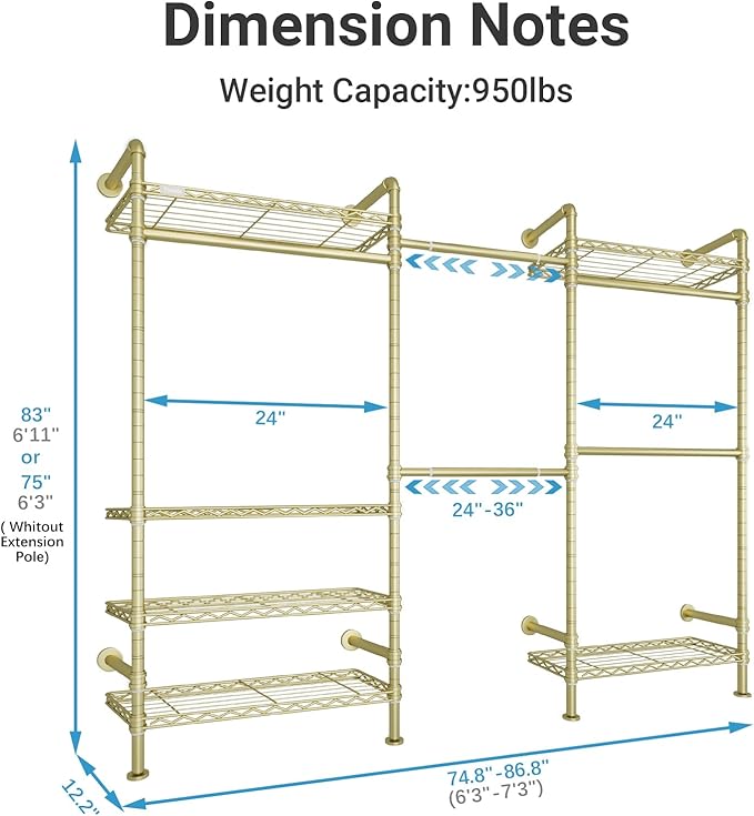 Timate F3 Garment Rack Heavy Duty Clothes Rack for Hanging Clothes, Expandable Industrial Pipe Wall Mounted Clothing Rack, Adjustable Storage Closet Wardrobe Closet Kit Walk in Closet Systems, Gold