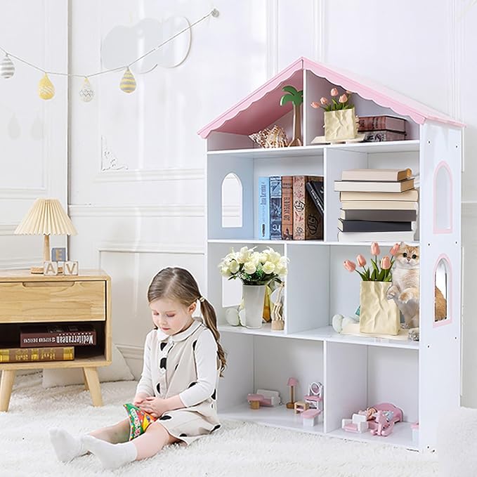 4-Tier Wooden Kids Bookcase, Toy Storage Organizer with Dollhouse Design, Multi-Functional Bookshelf with 4 Shelves for Bedroom Playroom, Easy Assembly for Boys & Girls