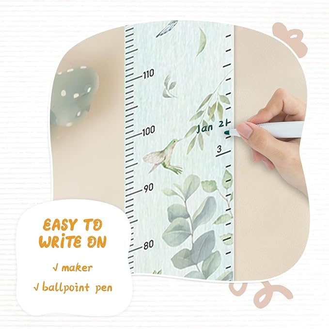 Personalized Name Growth Chart Wall Decor for Kids – Canvas Removable Height Chart Measuring Ruler 59" x 7.9" (Eucalyptus Leaves)