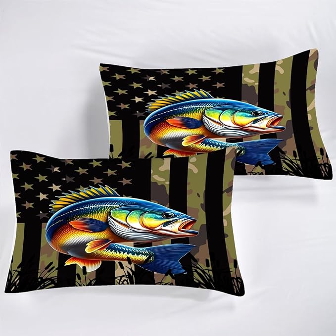 Bass Fish Comforter Set King Size American Flag Bedding Set for Men Boys Teens Green Fishing Lover Bedroom Camouflage Farmhouse Bed Set Wild Quilted, 1 Comforter 2 Pillowcases