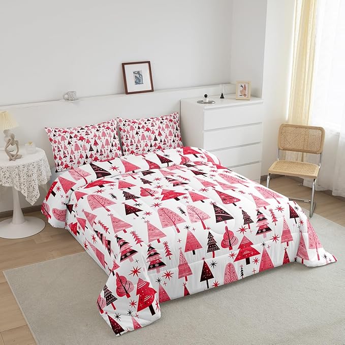 Manfei Pink Xmas Trees Comforter Set Queen Size, Christmas Theme Bedding Set 3pcs for Kids Boys Girls Adults Room Decor, Happy New Year Down Comforter Soft Polyester Quilt Set with 2 Pillowcases